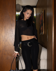 black Sheer long sleeve off the shoulder top
Unlined/sheer
