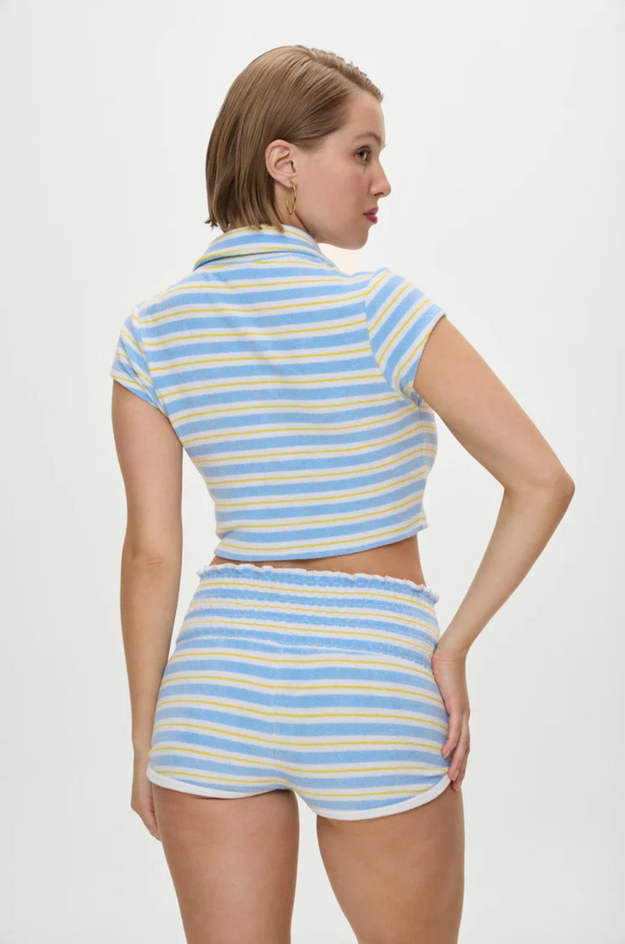 striped Striped terry cloth booty shorts
Smocked waistband
Low waisted shorts
Cozy terry cloth fabric