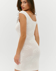 white Crochet mini dress
Custom rose motif layout
Wear the wide neckline on or off the shoulder for styling versatility
Body contouring fit
Custom crochet trim
Custom crochet rose motifs