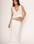 Woven linen tank top vest
Eyelet and lace trim
Button down closure
Tie front
Unlined

Woven linen maxi skirt
Lace hem trim
Faux waist tie
Elastic waistband
Back slit
Lined
Length: 35"
Cotton
Summer linen skirt set
east coast outfit inspo