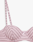pink Striped unlined bra
Underwire cups
Adorned with picot trims
Decorative bow at front
Adjustable straps
pink bra
for love & lemons bra
