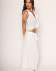 Woven linen tank top vest
Eyelet and lace trim
Button down closure
Tie front
Unlined

Woven linen maxi skirt
Lace hem trim
Faux waist tie
Elastic waistband
Back slit
Lined
Length: 35"
Cotton
Summer linen skirt set
east coast outfit inspo