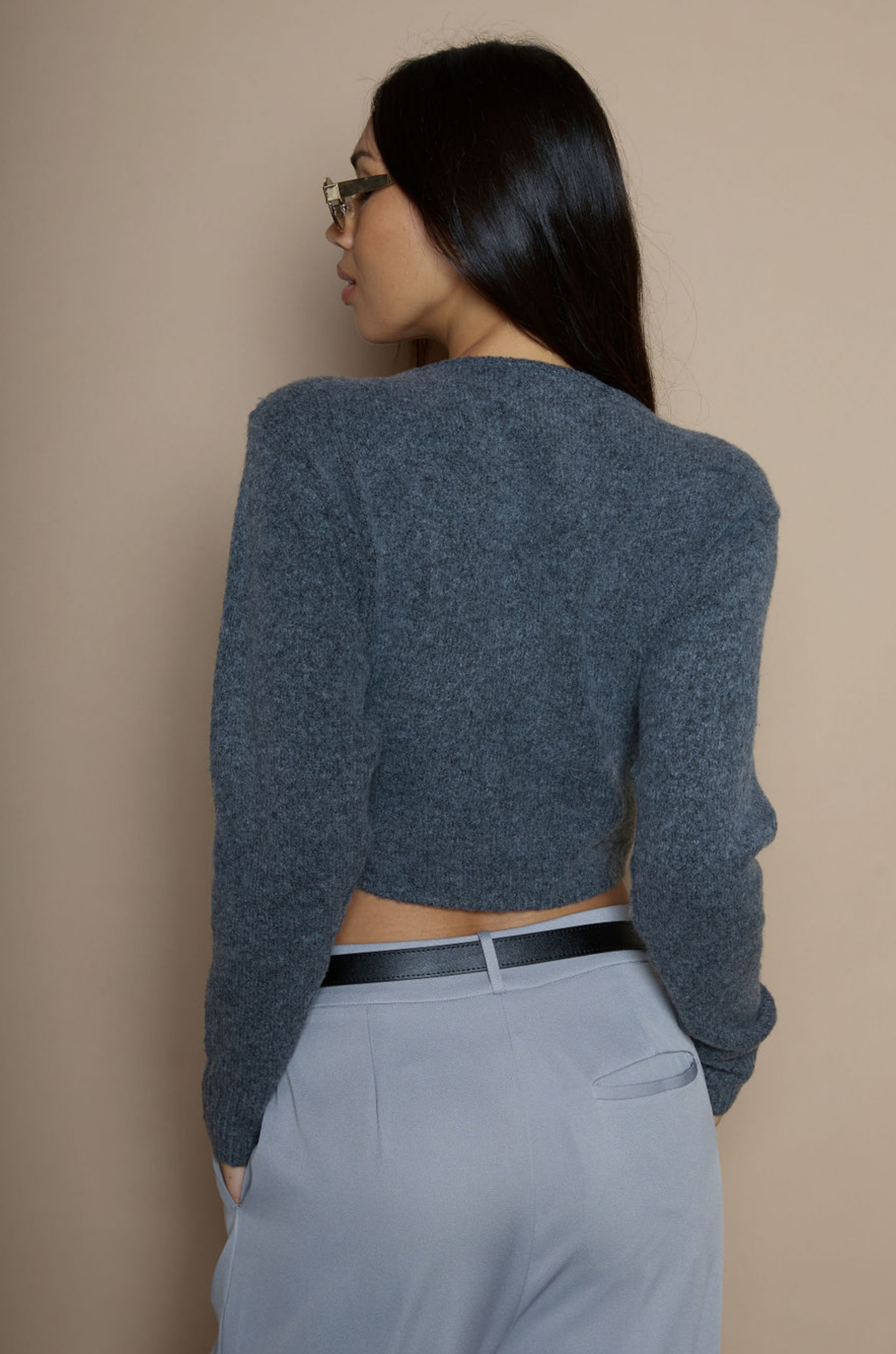 Fuzzy knit sweater. Long sleeves. Surplice neckline. Unlined. grey crop sweater. fall sweater. fall trendy sweater