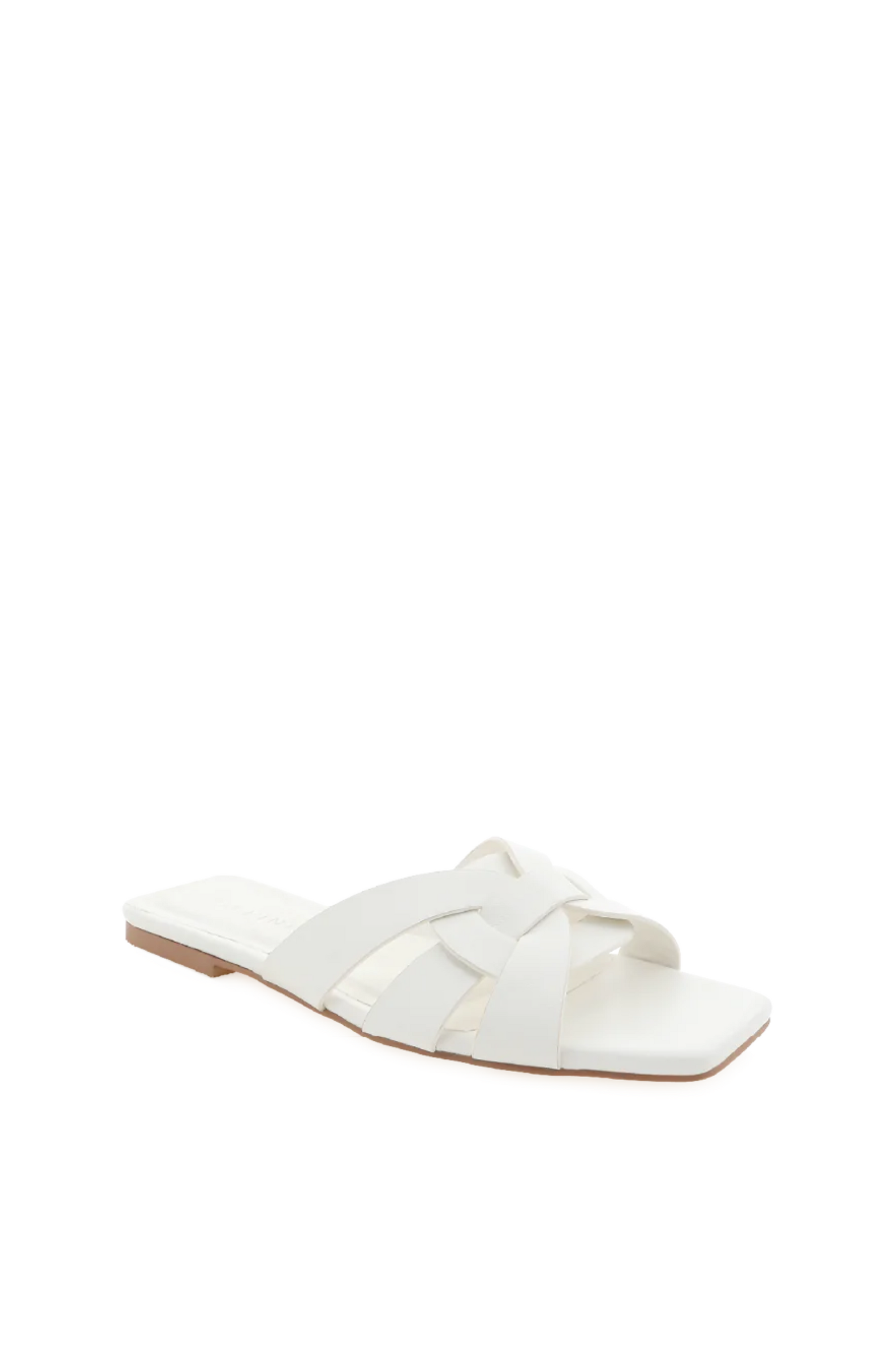 white Slide sandal
Slightly padded, flat sole
Open square toe
Thin, wide multi straps on toe
Easy slip on design
Open heel counter
summer sandal