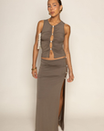 TOP:
green Shirred tank top
Front cut outs with stone beads
Unlined

BOTTOM:
green Shirred maxi skirt
Side cut out with stone beads
Unlined
side slits