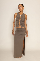 TOP:
green Shirred tank top
Front cut outs with stone beads
Unlined

BOTTOM:
green Shirred maxi skirt
Side cut out with stone beads
Unlined
side slits