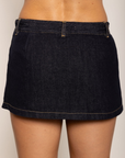 Denim mini skirt
Mid rise
Dark wash
Inner shorts lining
3 pocket construction
Side zipper closure
Belt loops
dark denim mini skirt 
dark denim mini skort
fall outfit
thanksgiving outfit