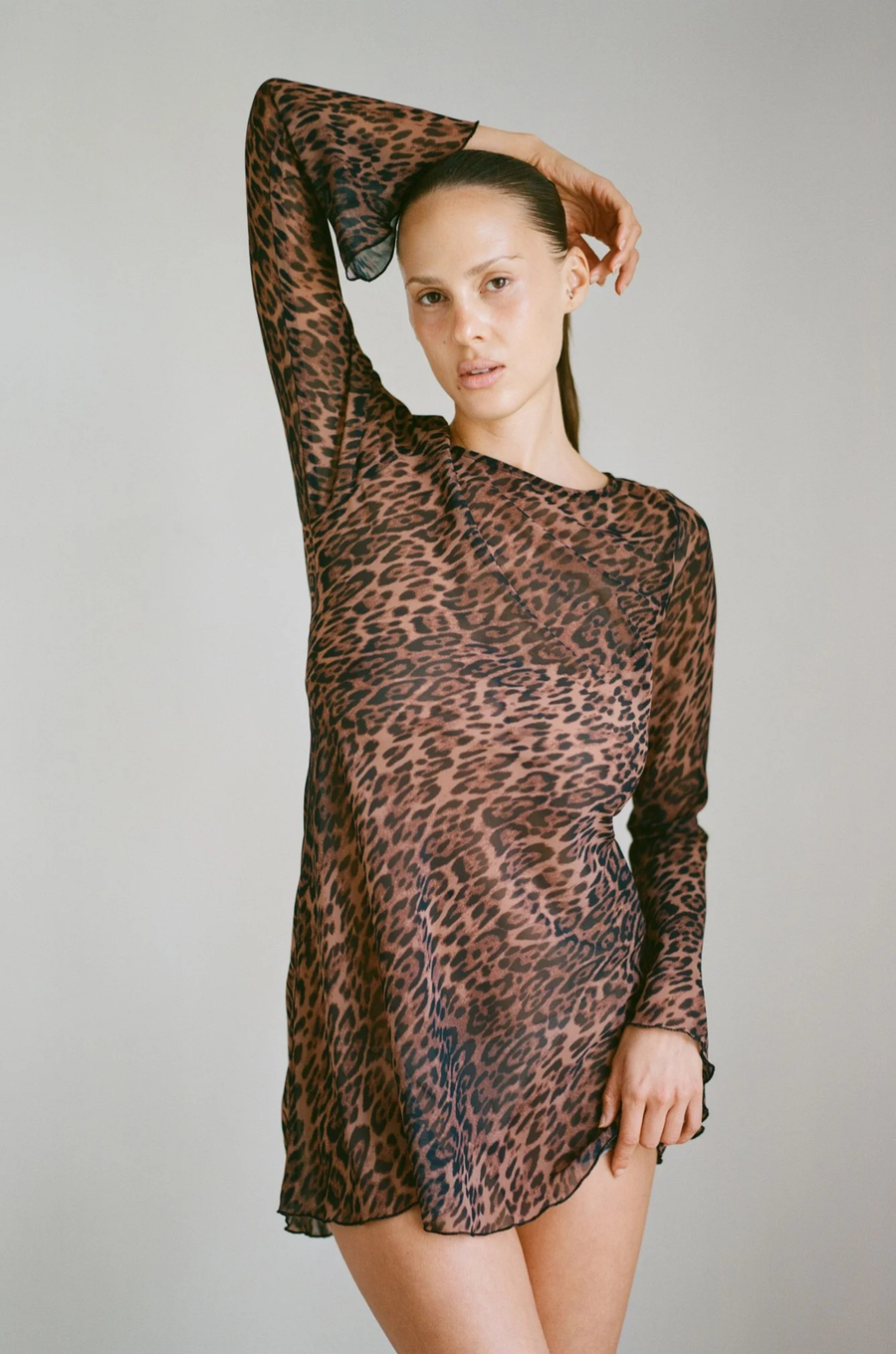Sheer chiffon polka dot mini dress
Long sleeve
Unlined/Sheer
leopard mini dress