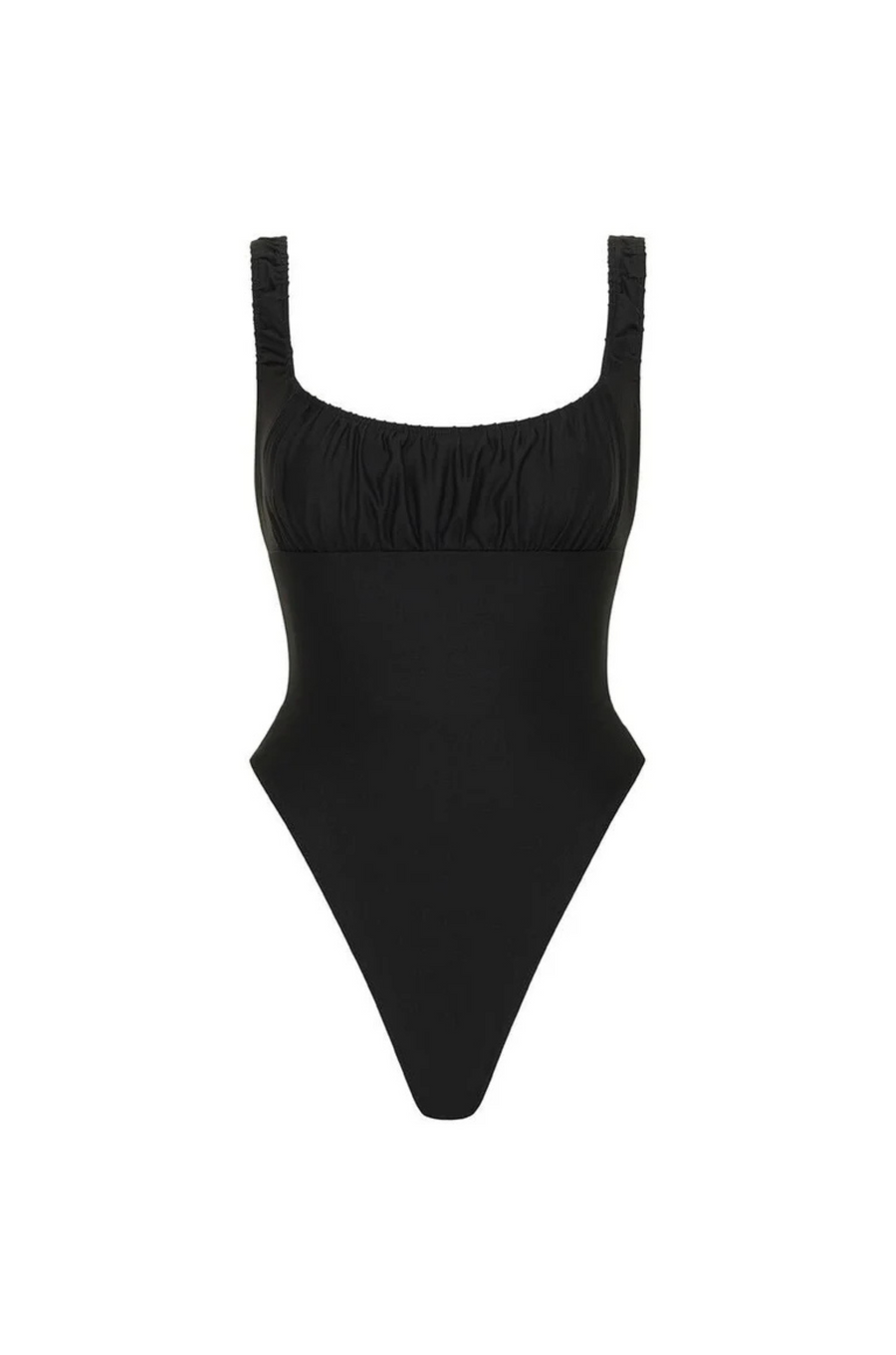 One piece bathing suit
Smooth & fitted mid section
High cut
Scoop neckline
Soft ruching along bust and straps
Fixed straps
Supplex Lycra/ Extra Life Nylon
black one piece swim suit bathingsuit