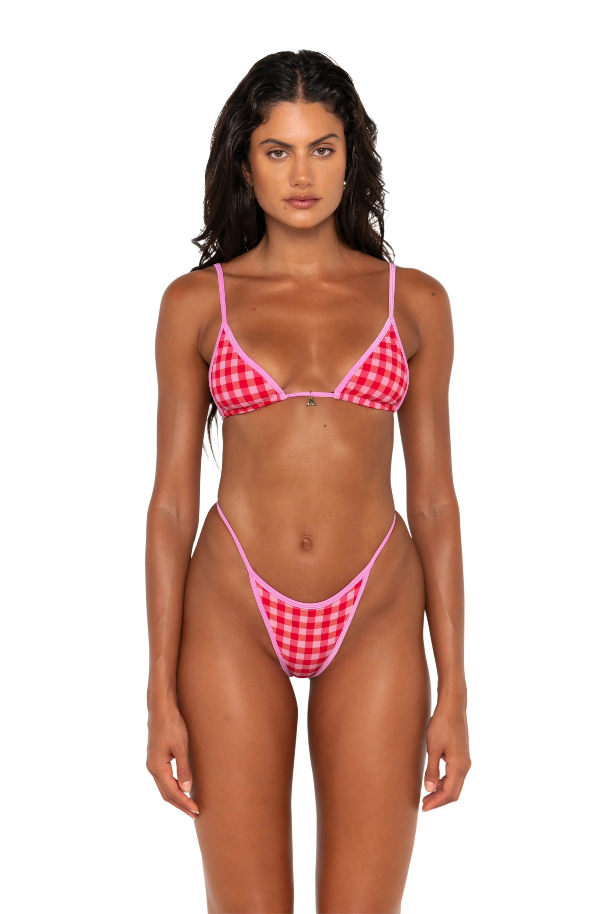 Gingham printed g-string style bikini bottom
Minimal barely-there coverage
Thin side straps
Lined
Nylon/Lurex gingham knit fabric
pink and red gingham bikini bottoms
skimpy bikini bottom
summer bikini
pink bikini swimsuit