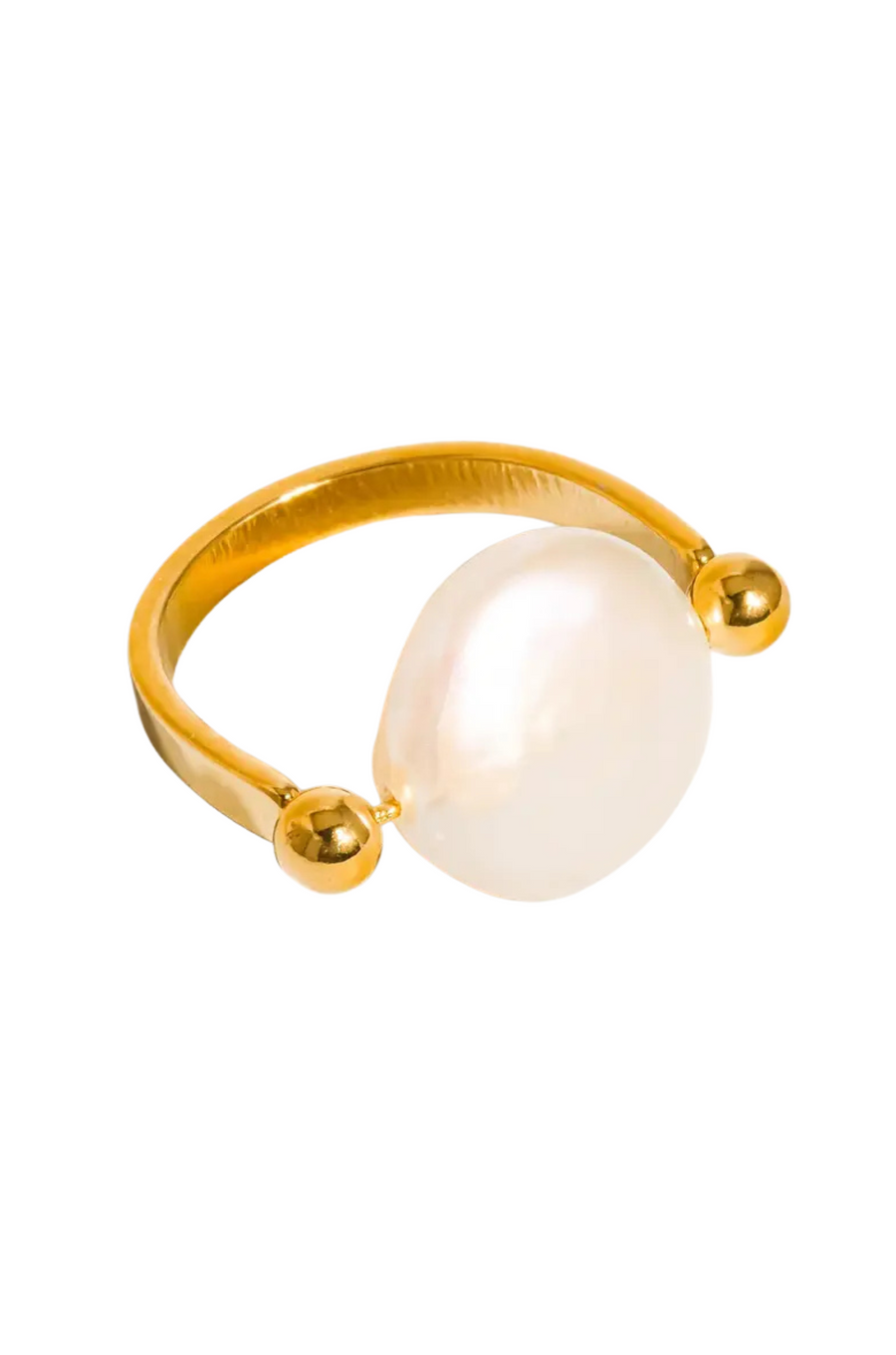 Gold ring with a large pearl
18K Gold Non-Tarnish Baroque Pearl Ring
18K Gold Plating
Stainless Steel
Faux Pearl
Size 7 Measurement: 0.682 Diameter/2.14 Circumference
Lead-free
Nickel-safe
Hypoallergenic
Water Resistant