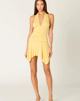 yellow Halter mini dress
Deep plunge halter neckline
Soft gathered bust with allover side ruching
Fitted ruched bodice
Asymmetric draped skirt
Fixed neck strap
Fully lined
summer dress