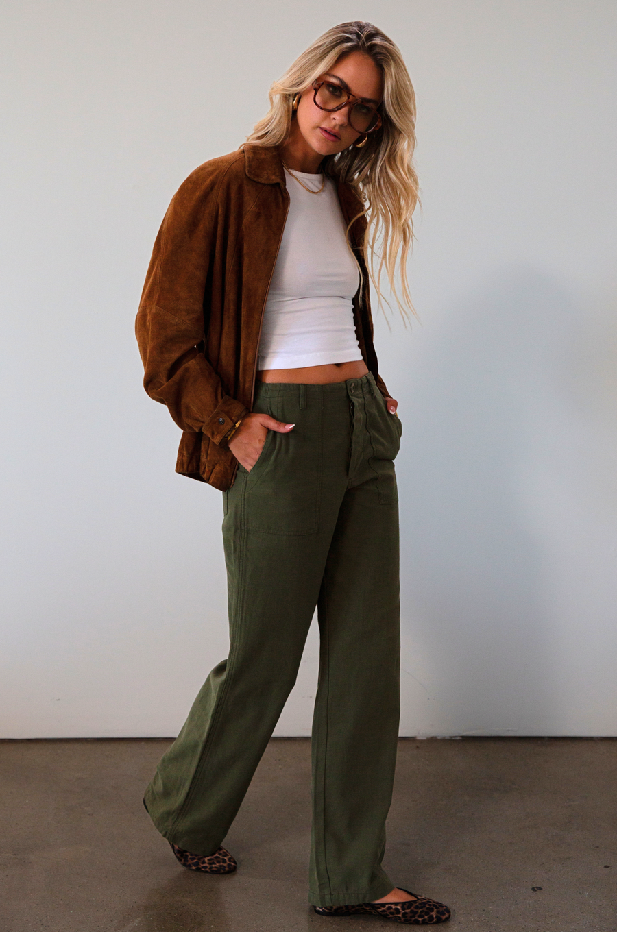 Woven utility pants. Button fly. Four pocket construction. Unlined. green pants. fall outfit.