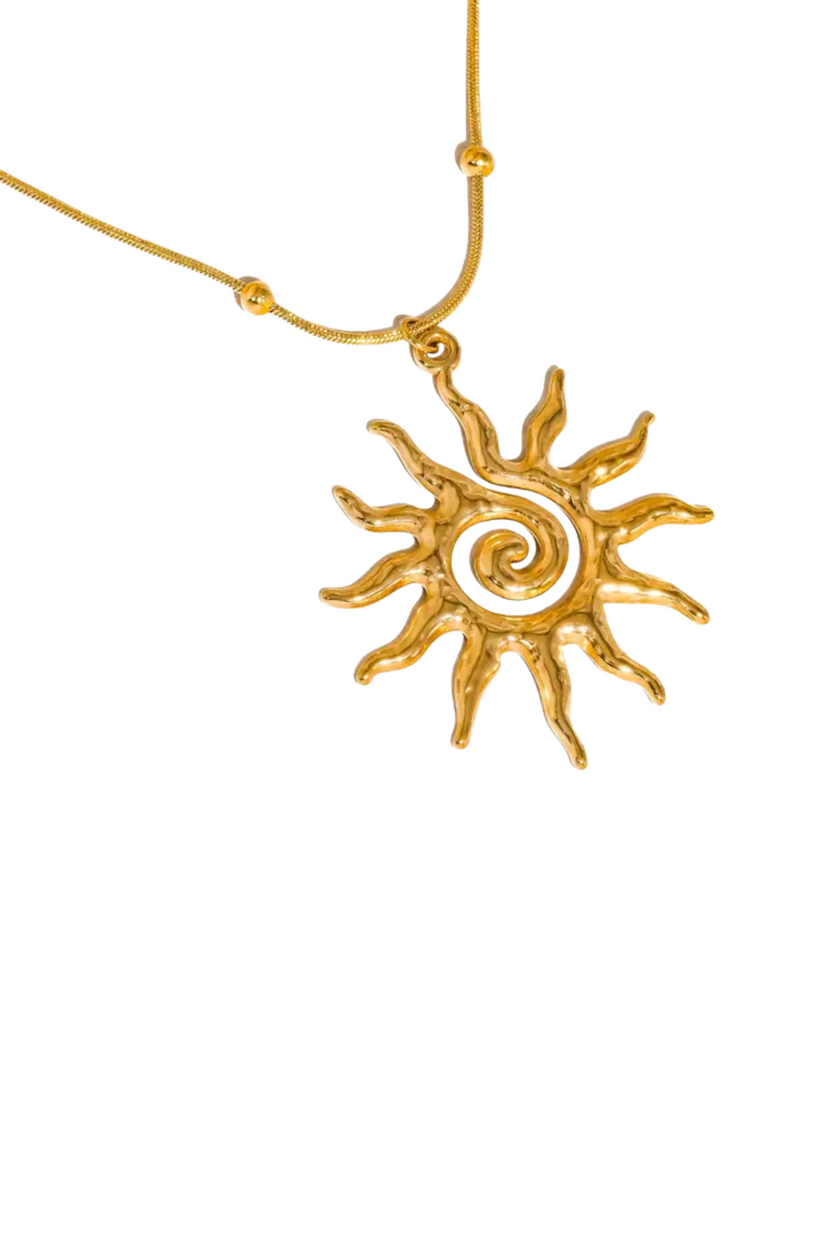 Gold necklace with a sun-shaped pendant
18K Gold Non-Tarnish Boho Sun Necklace
18K Gold Plated
Stainless Steel
Pendant Size: 1.5" / Chain Length: 15.57" / Extension Length: 2"
Lead-free
Nickel-safe
Hypoallergenic
Water Resistant