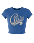 blue baby tee crop top 
Graphic printed ribbed baby tee
Showcasing "Big Ciao" captures the essence of the French Riviera with a splash of colorful whimsy
Luxuriously soft and smooth feel, combining the breathability of cotton with the silky touch of modal
