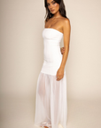 white Strapless sheer maxi dress
Back zipper closure
Partially lined
Inner rubber grip lining
Partially sheer
white mesh skirt dress
bridal dress
Bachelorette
rehearsal dinner dress
bridal shower dress