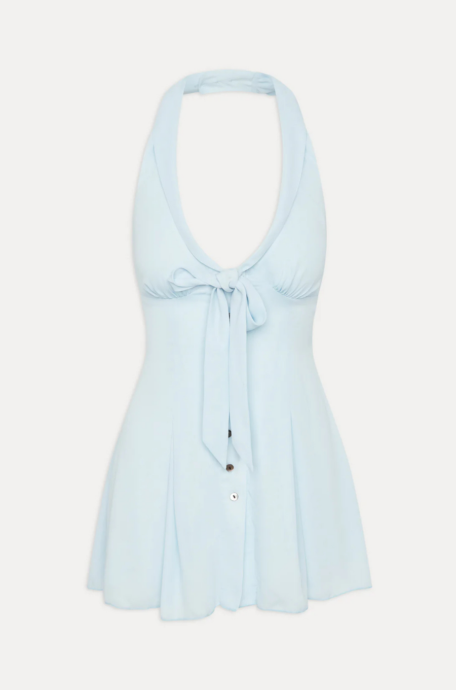 blue Chiffon halter mini dress
Tie at bust
Halter neckline with adjustable buttons
Button down closure
Lapel transforms into a tie detail at the bust
Side zipper closure
Polyester
babydoll dress