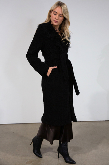Black Faux sherpa longline coat. Faux fur collar neckline. Front snap button closure. Tie waist. Side pockets. Back slit. Fully lined. long coat. coat for new york. fall coat. fall outfit
