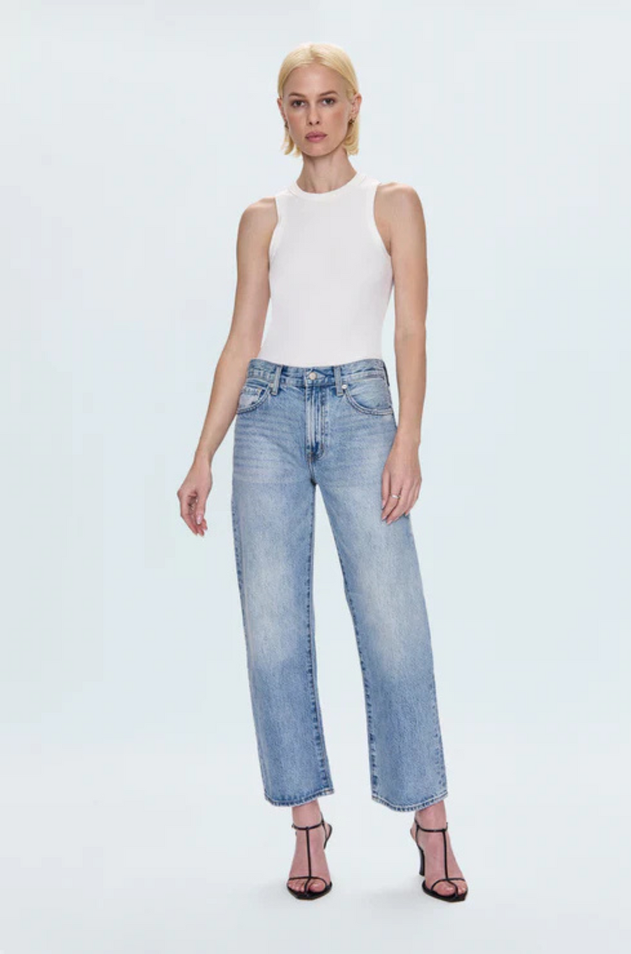 Faded straight leg jeans
Mid rise bowed straight leg jeans
No stretch
Button and zipper fly
Five pocket construction
Rise: 10" / Inseam: 29" / Leg Opening: 17.5"
Cotton
mid to light wash denim jeans