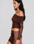 Long sleeve off the shoulder mini dress
Mesh upper
Satin skirt
Side zipper closure
Partially lined
brown mini dress
long sleeve mesh mini dress
holiday mini dress