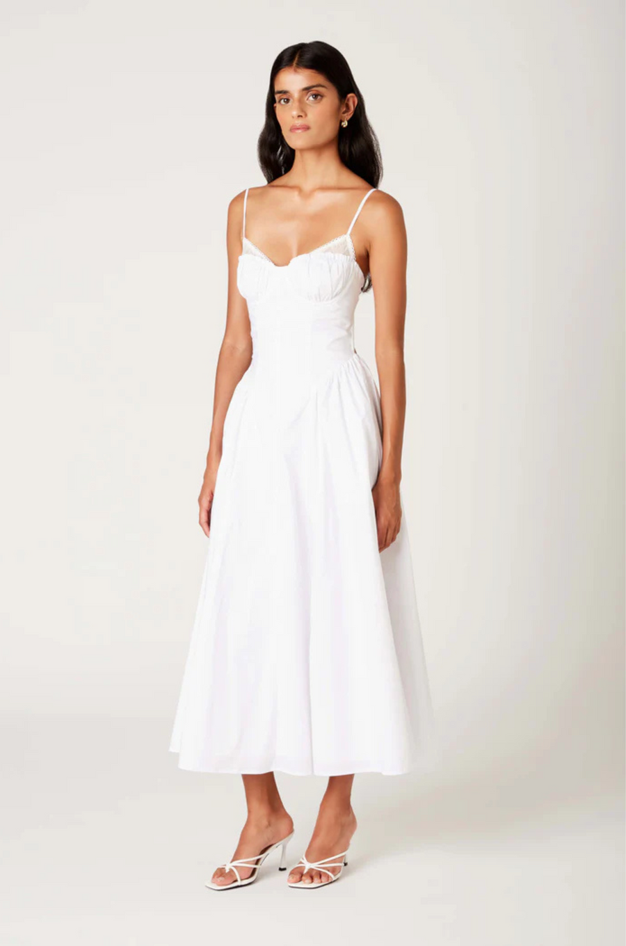 White Bustier style midi dress
Ruched detailing
Adjustable spaghetti straps
Open back with clasp closure
Flowing A-line skirt
Lined
Bridal outfit
bachelorette dress
bridal shower dress