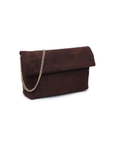 Crossbody faux suede purse
Removable chain strap
Outer zip pocket
Inner zip and slip pocket
Magnetic closure
Lined
Vegan Leather
chocolate brown faux seule clutch purse 
fall bag
fall clutch