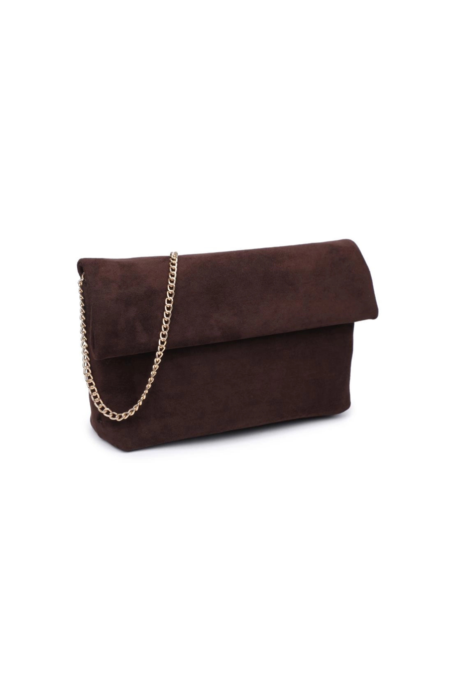 Crossbody faux suede purse
Removable chain strap
Outer zip pocket
Inner zip and slip pocket
Magnetic closure
Lined
Vegan Leather
chocolate brown faux seule clutch purse 
fall bag
fall clutch
