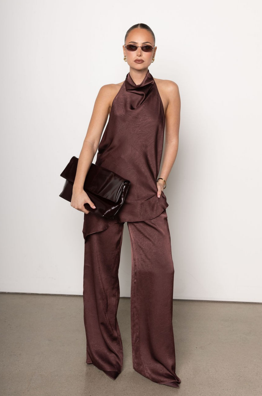 Brown satin pant and tank top set