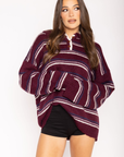 Fuzzy striped collared oversized sweater
Long sleeve
3/4 button up closure
Unlined
burgundy striped knit sweater