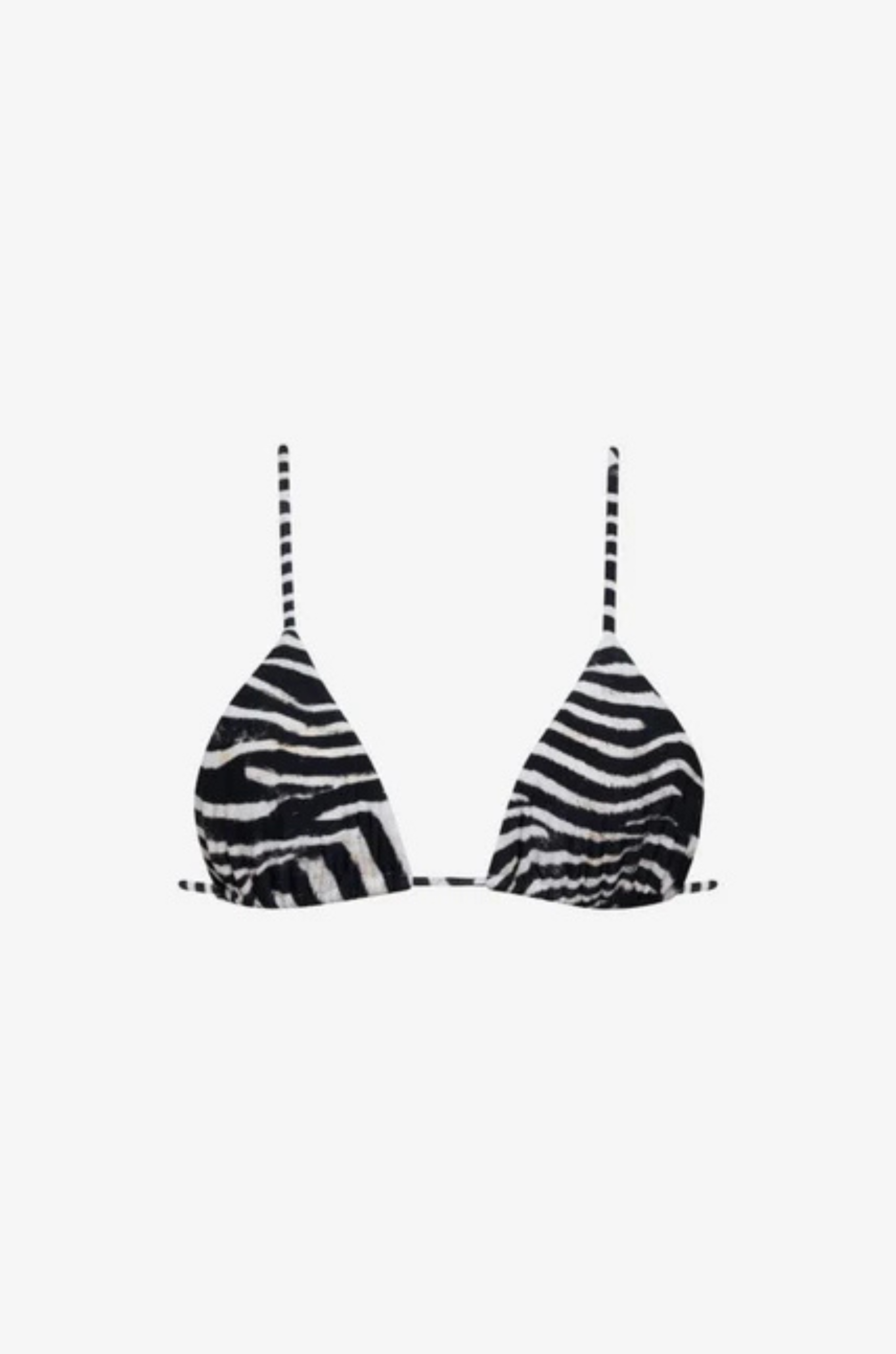Zebra printed bikini triangle top
Adjustable over the shoulder straps
Adjustable tunneling at underbust
Adjustable ties at back underbust
Fully lined