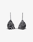 Zebra printed bikini triangle top
Adjustable over the shoulder straps
Adjustable tunneling at underbust
Adjustable ties at back underbust
Fully lined
