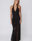 Polka dot halter maxi dress
V-neckline
Adjustable neck tie
Low back
Asymmetrical sheer hemline
Partially unlined/Sheer
black and white polka dot maxi dress