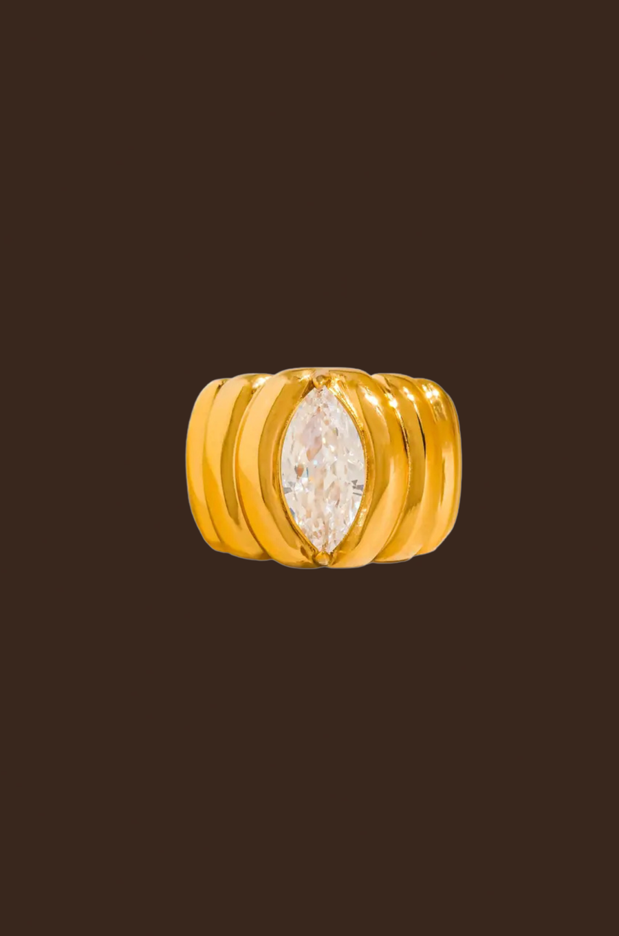 18K Gold Non-Tarnish Marquise
CZ Statement Ring
18K Gold Plating
Stainless Steel
Cubic Zirconia