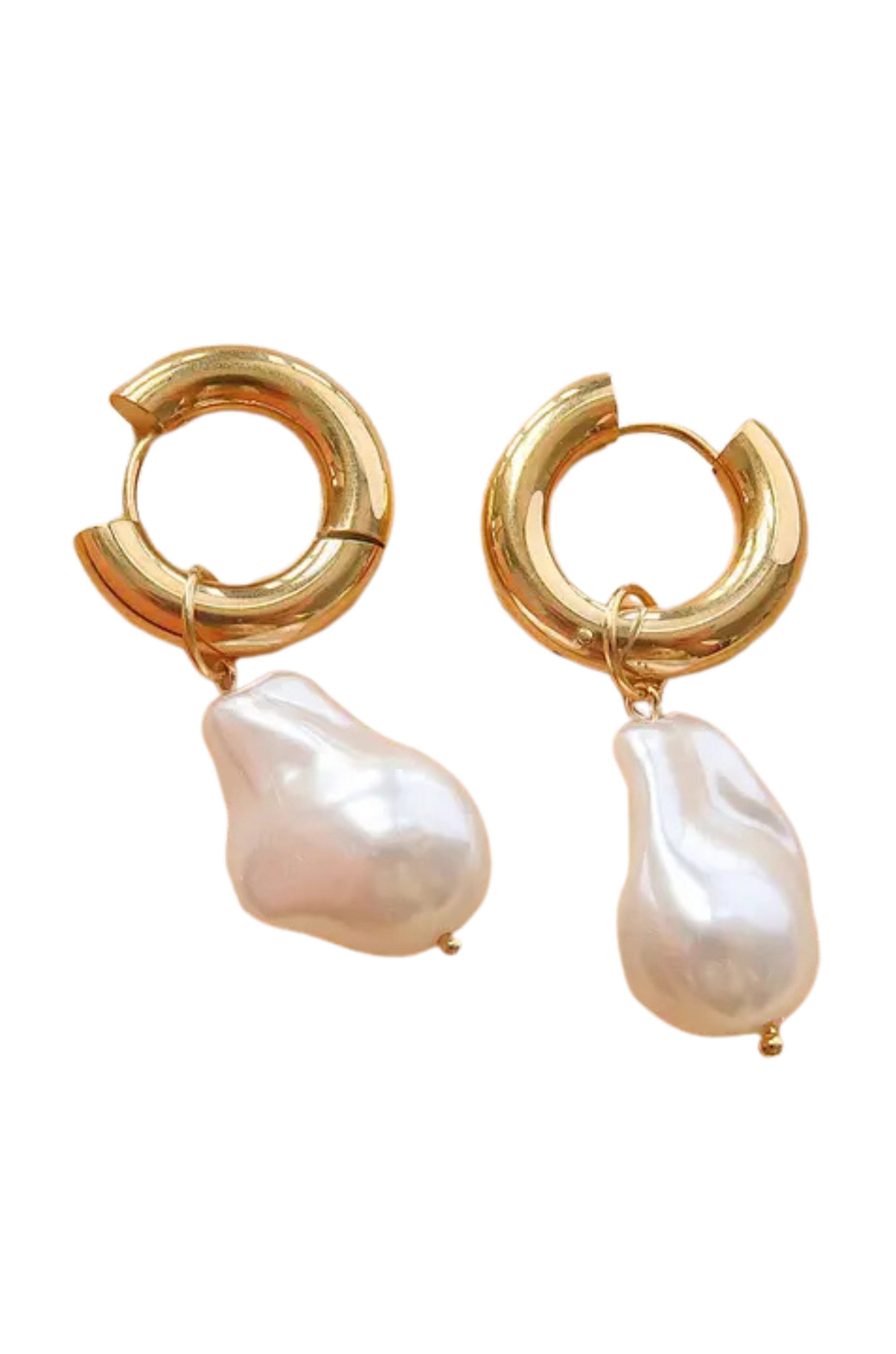Small thick hoop earrings with pearl drop detail. Hinge closure.