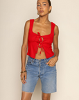 red Double front tie tank top
Square neckline
Waist-defining bodice
Lined
fourth of july top
summer tank top