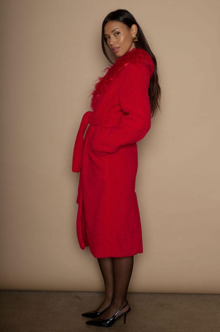 Faux sherpa longline coat. Faux fur collar neckline. Front snap button closure. Tie waist. Side pockets. Back slit. Fully lined. red fur coat. fall outfit. cute winter coat. trendy winter coat.