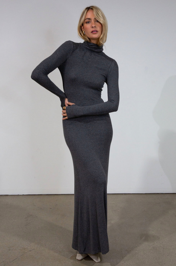 Ribbed knit maxi dress. Turtleneck. Long sleeves. Unlined. grey turtleneck maxi dress. fall dress. friendsgiving dress. thanksgiving dress.