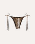 Zebra printed satin bikini botom
Low-rise fit
Cheeky coverage
String side ties
Satin shine swim fabric
Nylon/Spandex