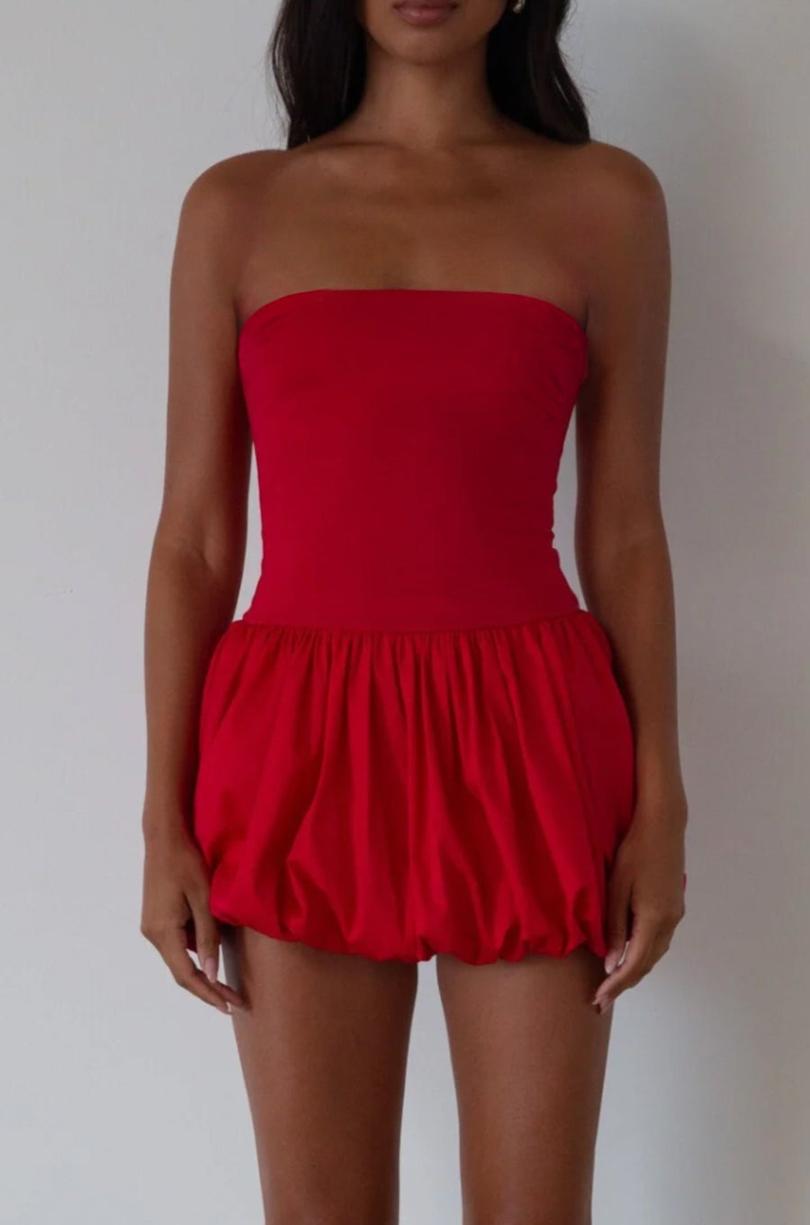 Sleeveless dress. Knit bodice. Woven bubble skirt. Elastic hem. Fully lined. red bubble dress. red mini dress. red mini bubble dress. summer dress. going out dress