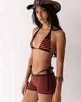 orange and brown Striped triangle bikini top
Hand-knitted from a premium rayon spandex blend
Adjustable neck and back tie