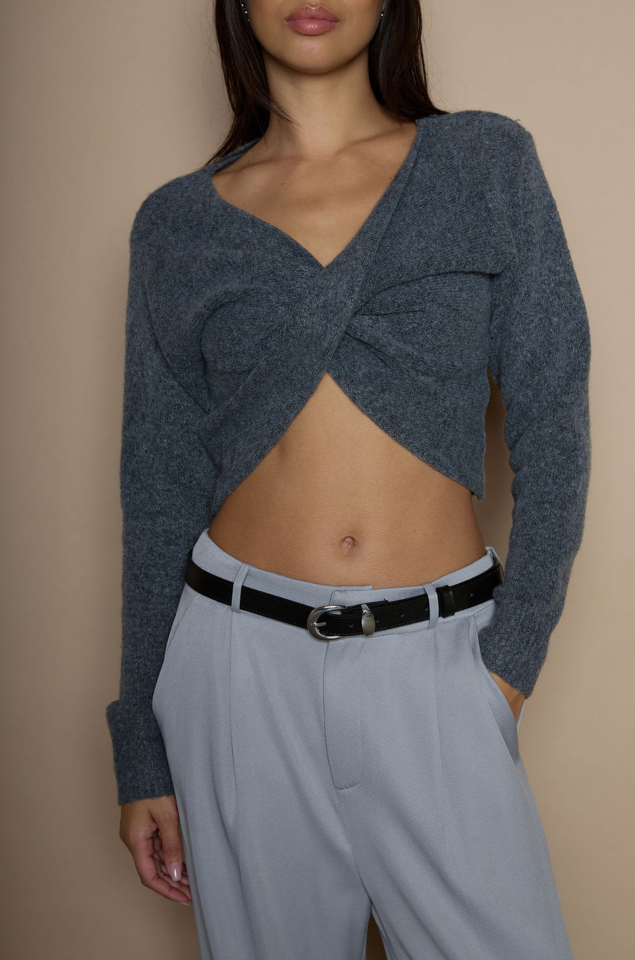 Fuzzy knit sweater. Long sleeves. Surplice neckline. Unlined. grey crop sweater. fall sweater. fall trendy sweater