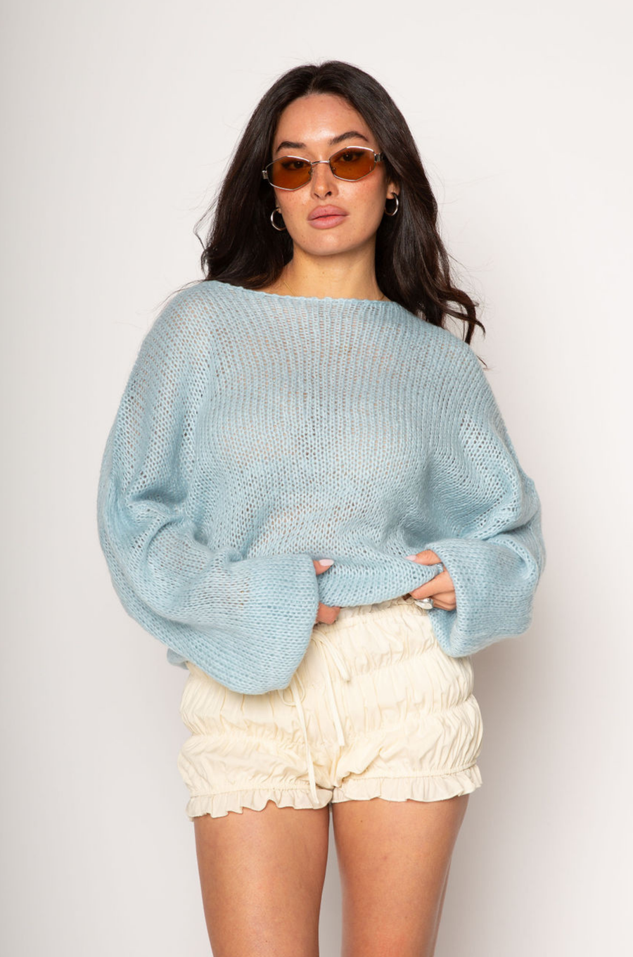 Fuzzy open knit crochet sweater. Boatneck. Long sleeves. Unlined. baby blue sweater. spring sweater. cute spring outfit.