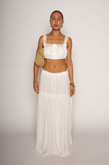 white boho maxi skirt set. coachella boho outfit. cottage core. white crop top. white maxi skirt. summer outfit.