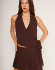 TOP
brown Chiffon wrap halter top
Front cross over
V neckline
Adjustable side tie
Hidden button closure
Lined

BOTTOM
brown Chiffon mini skirt
Asymmetrical hem
Side zipper closure
Lined
