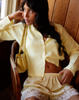 butter yellow Satin shorts
Lace trim
Elastic waistband
Unlined
spring summer outfit
