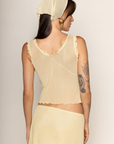 yellow and brown Mesh polka dot tank top with head scarf
V-neck neckline
Ruffle trim
Unlined/sheer