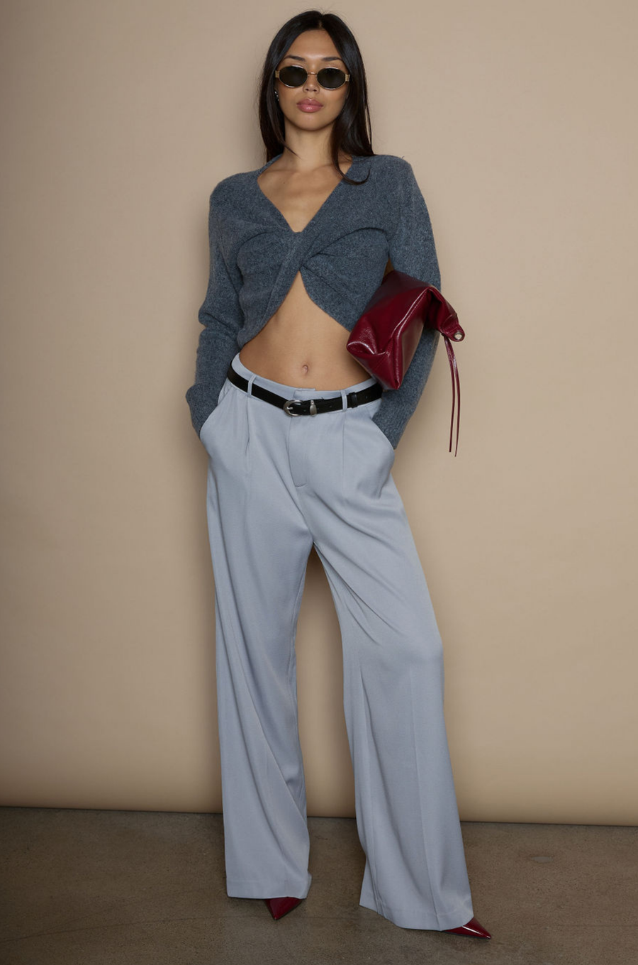 Fuzzy knit sweater. Long sleeves. Surplice neckline. Unlined. grey crop sweater. fall sweater. fall trendy sweater