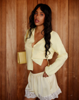 yellow Knit long sleeve cardigan
Rolled collar
Button down closure
Unlined
spring outfit