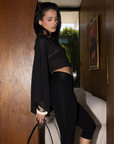 black Sheer long sleeve off the shoulder top
Unlined/sheer