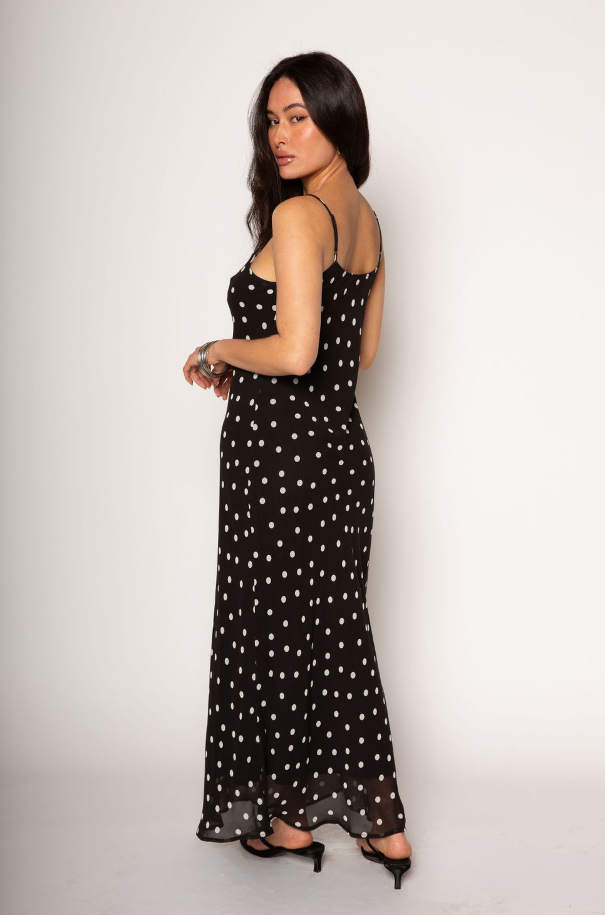 Polka dot printed chiffon maxi dress. Adjustable straps. Fully lined. polka dot maxi dress. wedding guest dress. summer dress